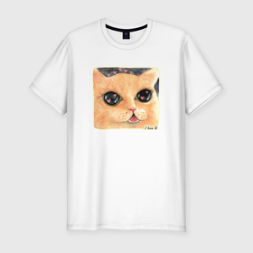 Мужская футболка хлопок Slim с принтом Влюбленный кот в Курске, 92% хлопок, 8% лайкра | приталенный силуэт, круглый вырез ворота, длина до линии бедра, короткий рукав | Тематика изображения на принте: 