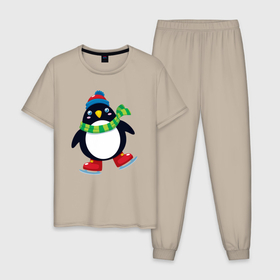 Мужская пижама хлопок с принтом Пингвин на коньках в Новосибирске, 100% хлопок | брюки и футболка прямого кроя, без карманов, на брюках мягкая резинка на поясе и по низу штанин
 | 