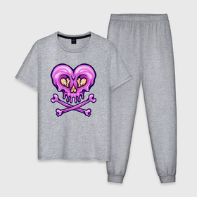 Мужская пижама хлопок с принтом Розовое сердце и кости , 100% хлопок | брюки и футболка прямого кроя, без карманов, на брюках мягкая резинка на поясе и по низу штанин
 | 