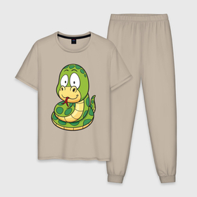 Мужская пижама хлопок с принтом Зелёная змейка , 100% хлопок | брюки и футболка прямого кроя, без карманов, на брюках мягкая резинка на поясе и по низу штанин
 | Тематика изображения на принте: 