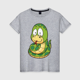 Женская футболка хлопок с принтом Зелёная змейка , 100% хлопок | прямой крой, круглый вырез горловины, длина до линии бедер, слегка спущенное плечо | Тематика изображения на принте: 