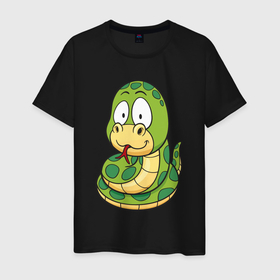 Мужская футболка хлопок с принтом Зелёная змейка , 100% хлопок | прямой крой, круглый вырез горловины, длина до линии бедер, слегка спущенное плечо. | 