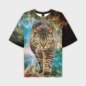 Мужская футболка oversize 3D с принтом Космический полосатый кот в Новосибирске,  |  | 