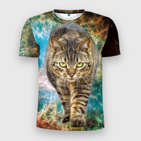 Мужская футболка 3D Slim с принтом Космический полосатый кот в Тюмени, 100% полиэстер с улучшенными характеристиками | приталенный силуэт, круглая горловина, широкие плечи, сужается к линии бедра | Тематика изображения на принте: 