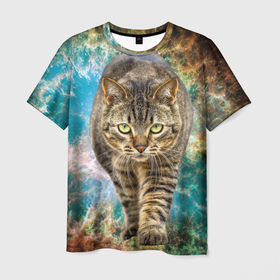Мужская футболка 3D с принтом Космический полосатый кот в Тюмени, 100% полиэфир | прямой крой, круглый вырез горловины, длина до линии бедер | Тематика изображения на принте: 