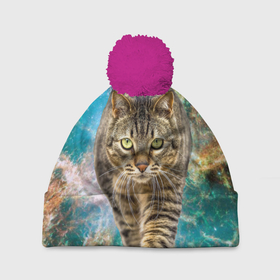 Шапка 3D c помпоном с принтом Космический полосатый кот в Тюмени, 100% полиэстер | универсальный размер, печать по всей поверхности изделия | Тематика изображения на принте: 
