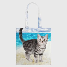 Шоппер 3D с принтом Серый котенок на пляже , 100% полиэстер | Плотность: 200 г/м2; Размер: 34×35 см; Высота лямок: 30 см | 