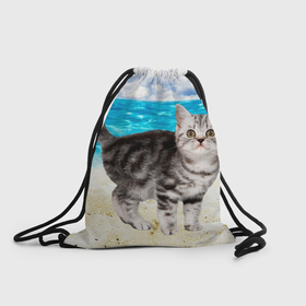 Рюкзак-мешок 3D с принтом Серый котенок на пляже в Кировске, 100% полиэстер | плотность ткани — 200 г/м2, размер — 35 х 45 см; лямки — толстые шнурки, застежка на шнуровке, без карманов и подкладки | Тематика изображения на принте: 