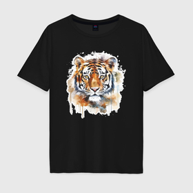 Мужская футболка хлопок Oversize с принтом Живописный тигр в Белгороде, 100% хлопок | свободный крой, круглый ворот, “спинка” длиннее передней части | Тематика изображения на принте: 