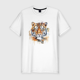 Мужская футболка хлопок Slim с принтом Живописный тигр в Белгороде, 92% хлопок, 8% лайкра | приталенный силуэт, круглый вырез ворота, длина до линии бедра, короткий рукав | Тематика изображения на принте: 