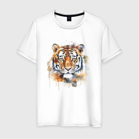 Мужская футболка хлопок с принтом Живописный тигр в Белгороде, 100% хлопок | прямой крой, круглый вырез горловины, длина до линии бедер, слегка спущенное плечо. | 