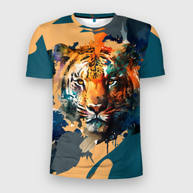 Мужская футболка 3D Slim с принтом Красивая живопись тигра в Новосибирске, 100% полиэстер с улучшенными характеристиками | приталенный силуэт, круглая горловина, широкие плечи, сужается к линии бедра | 