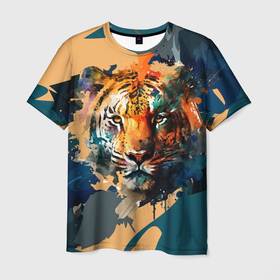 Мужская футболка 3D с принтом Красивая живопись тигра в Курске, 100% полиэфир | прямой крой, круглый вырез горловины, длина до линии бедер | 