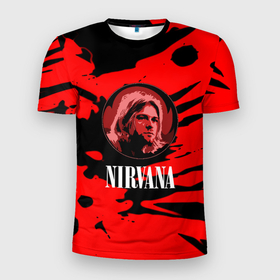 Мужская футболка 3D Slim с принтом Nirvana красные краски рок бенд в Белгороде, 100% полиэстер с улучшенными характеристиками | приталенный силуэт, круглая горловина, широкие плечи, сужается к линии бедра | Тематика изображения на принте: 