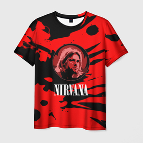 Мужская футболка 3D с принтом Nirvana красные краски рок бенд в Курске, 100% полиэфир | прямой крой, круглый вырез горловины, длина до линии бедер | 