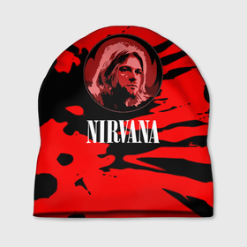 Шапка 3D с принтом Nirvana красные краски рок бенд в Белгороде, 100% полиэстер | универсальный размер, печать по всей поверхности изделия | Тематика изображения на принте: 