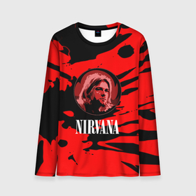 Мужской лонгслив 3D с принтом Nirvana красные краски рок бенд в Белгороде, 100% полиэстер | длинные рукава, круглый вырез горловины, полуприлегающий силуэт | Тематика изображения на принте: 