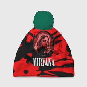 Шапка 3D c помпоном с принтом Nirvana красные краски рок бенд в Белгороде, 100% полиэстер | универсальный размер, печать по всей поверхности изделия | Тематика изображения на принте: 