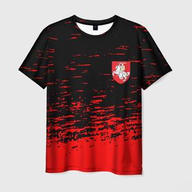 Мужская футболка 3D с принтом Герб Белоруссии краски красные , 100% полиэфир | прямой крой, круглый вырез горловины, длина до линии бедер | 