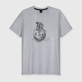 Мужская футболка хлопок Slim с принтом Астронавт на поверхности луны в Курске, 92% хлопок, 8% лайкра | приталенный силуэт, круглый вырез ворота, длина до линии бедра, короткий рукав | Тематика изображения на принте: 