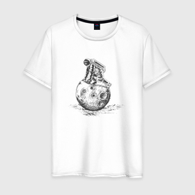Мужская футболка хлопок с принтом Астронавт на поверхности луны в Курске, 100% хлопок | прямой крой, круглый вырез горловины, длина до линии бедер, слегка спущенное плечо. | Тематика изображения на принте: 