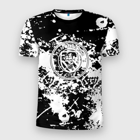 Мужская футболка 3D Slim с принтом Manchester City краски чёрно белые в Тюмени, 100% полиэстер с улучшенными характеристиками | приталенный силуэт, круглая горловина, широкие плечи, сужается к линии бедра | Тематика изображения на принте: 