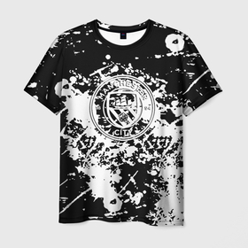Мужская футболка 3D с принтом Manchester City краски чёрно белые в Тюмени, 100% полиэфир | прямой крой, круглый вырез горловины, длина до линии бедер | 