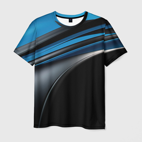Мужская футболка 3D с принтом Синяя и черная абстракция геометрическая , 100% полиэфир | прямой крой, круглый вырез горловины, длина до линии бедер | Тематика изображения на принте: 