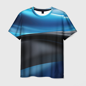 Мужская футболка 3D с принтом Синии волны абстракции на черном фоне в Санкт-Петербурге, 100% полиэфир | прямой крой, круглый вырез горловины, длина до линии бедер | 