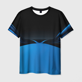 Мужская футболка 3D с принтом Геометрическая  абстракция  черных  и  синих волн в Кировске, 100% полиэфир | прямой крой, круглый вырез горловины, длина до линии бедер | 