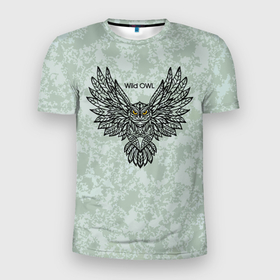 Мужская футболка 3D Slim с принтом Полёт совы серо зелёный в Новосибирске, 100% полиэстер с улучшенными характеристиками | приталенный силуэт, круглая горловина, широкие плечи, сужается к линии бедра | 