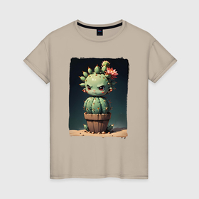 Женская футболка хлопок с принтом Девочка кактус в Кировске, 100% хлопок | прямой крой, круглый вырез горловины, длина до линии бедер, слегка спущенное плечо | 