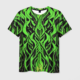 Мужская футболка 3D с принтом Зелёный узор на чёрном фоне в Тюмени, 100% полиэфир | прямой крой, круглый вырез горловины, длина до линии бедер | 