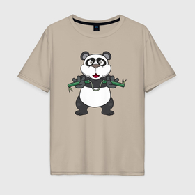Мужская футболка хлопок Oversize с принтом Панда с нунчаками в Петрозаводске, 100% хлопок | свободный крой, круглый ворот, “спинка” длиннее передней части | 