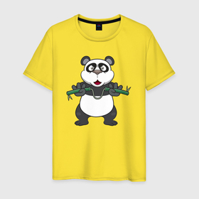 Мужская футболка хлопок с принтом Панда с нунчаками в Петрозаводске, 100% хлопок | прямой крой, круглый вырез горловины, длина до линии бедер, слегка спущенное плечо. | 
