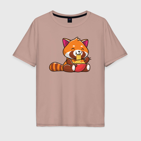 Мужская футболка хлопок Oversize с принтом Красная панда ест лапшу в Новосибирске, 100% хлопок | свободный крой, круглый ворот, “спинка” длиннее передней части | Тематика изображения на принте: 