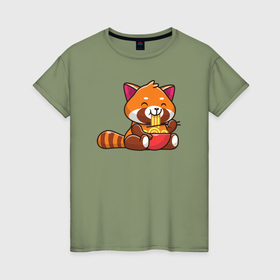 Женская футболка хлопок с принтом Красная панда ест лапшу , 100% хлопок | прямой крой, круглый вырез горловины, длина до линии бедер, слегка спущенное плечо | 