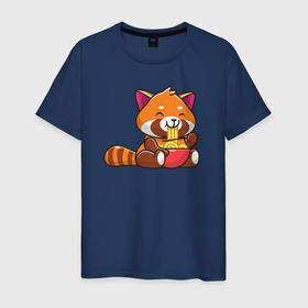 Мужская футболка хлопок с принтом Красная панда ест лапшу в Екатеринбурге, 100% хлопок | прямой крой, круглый вырез горловины, длина до линии бедер, слегка спущенное плечо. | 