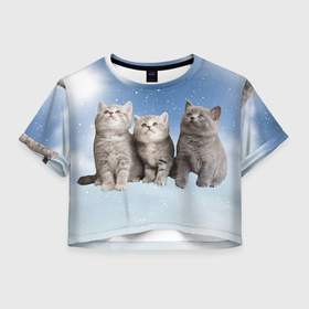 Женская футболка Crop-top 3D с принтом Котята на облаках в Курске, 100% полиэстер | круглая горловина, длина футболки до линии талии, рукава с отворотами | 