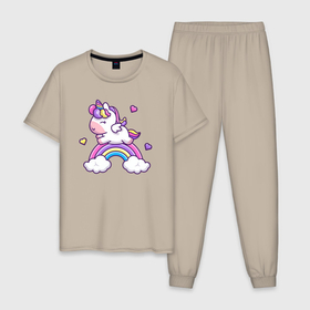 Мужская пижама хлопок с принтом Единорог бежит по радуге в Кировске, 100% хлопок | брюки и футболка прямого кроя, без карманов, на брюках мягкая резинка на поясе и по низу штанин
 | 