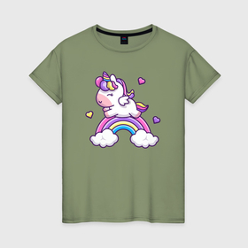 Женская футболка хлопок с принтом Единорог бежит по радуге , 100% хлопок | прямой крой, круглый вырез горловины, длина до линии бедер, слегка спущенное плечо | 