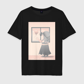 Мужская футболка хлопок Oversize с принтом Девочка у окна в Екатеринбурге, 100% хлопок | свободный крой, круглый ворот, “спинка” длиннее передней части | 