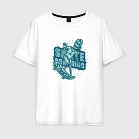 Мужская футболка хлопок Oversize с принтом Скелет скейтбордист в Белгороде, 100% хлопок | свободный крой, круглый ворот, “спинка” длиннее передней части | Тематика изображения на принте: 