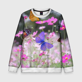Детский свитшот 3D с принтом Разноцветные бабочки на фоне цветов в Тюмени, 100% полиэстер | свободная посадка, прямой крой, мягкая тканевая резинка на рукавах и понизу свитшота | Тематика изображения на принте: 