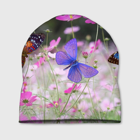 Шапка 3D с принтом Разноцветные бабочки на фоне цветов в Белгороде, 100% полиэстер | универсальный размер, печать по всей поверхности изделия | 
