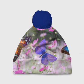 Шапка 3D c помпоном с принтом Разноцветные бабочки на фоне цветов в Санкт-Петербурге, 100% полиэстер | универсальный размер, печать по всей поверхности изделия | 