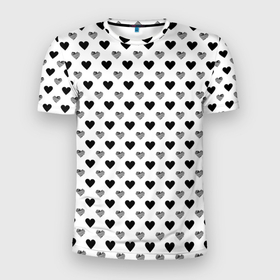 Мужская футболка 3D Slim с принтом Черно белые сердечки в Новосибирске, 100% полиэстер с улучшенными характеристиками | приталенный силуэт, круглая горловина, широкие плечи, сужается к линии бедра | 