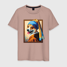 Мужская футболка хлопок с принтом Корги с жемчужной серёжкой в Санкт-Петербурге, 100% хлопок | прямой крой, круглый вырез горловины, длина до линии бедер, слегка спущенное плечо. | 