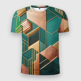 Мужская футболка 3D Slim с принтом Арт деко зеленый и золотой узор из геометрических фигур в Белгороде, 100% полиэстер с улучшенными характеристиками | приталенный силуэт, круглая горловина, широкие плечи, сужается к линии бедра | 