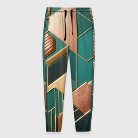 Мужские брюки 3D с принтом Арт деко зеленый и золотой узор из геометрических фигур в Белгороде, 100% полиэстер | манжеты по низу, эластичный пояс регулируется шнурком, по бокам два кармана без застежек, внутренняя часть кармана из мелкой сетки | 